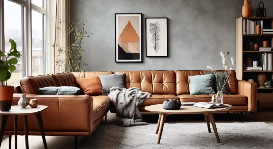 Comment aménager un petit salon avec un canapé d'angle en cuir marron, des coussins colorés, une couverture douillette et une table basse ronde.