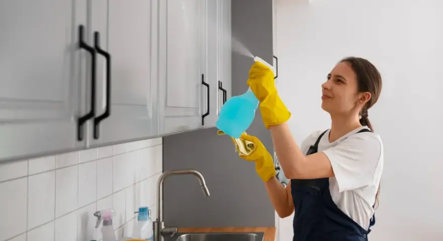 Kobieta w żółtych rękawiczkach czyści meble z okleiny, używając sprayu i ściereczki.