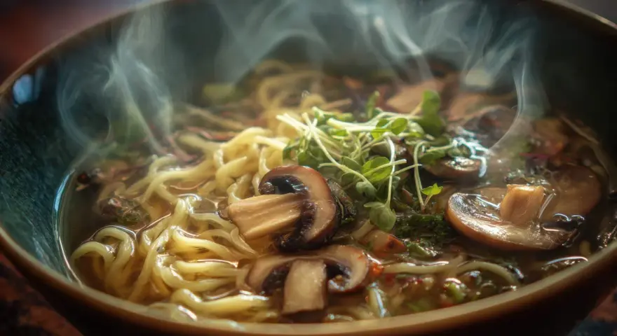 Gorąca zupa ramen z grzybami i kiełkami, parująca i kusząca. To właśnie umami co to za smak!