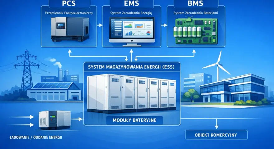 Schemat agregatora energii: PCS, EMS, BMS zarządzają systemem magazynowania energii (ESS) z modułami bateryjnymi, zasilając obiekt komercyjny.