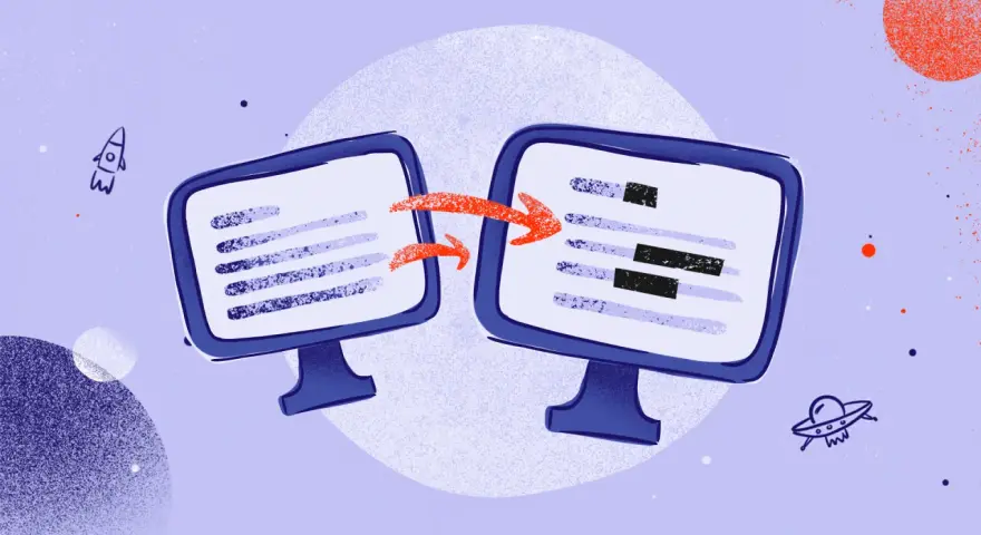 Dwa monitory z danymi i strzałki symbolizujące neutralizację dokumentów. W tle rakieta i UFO.