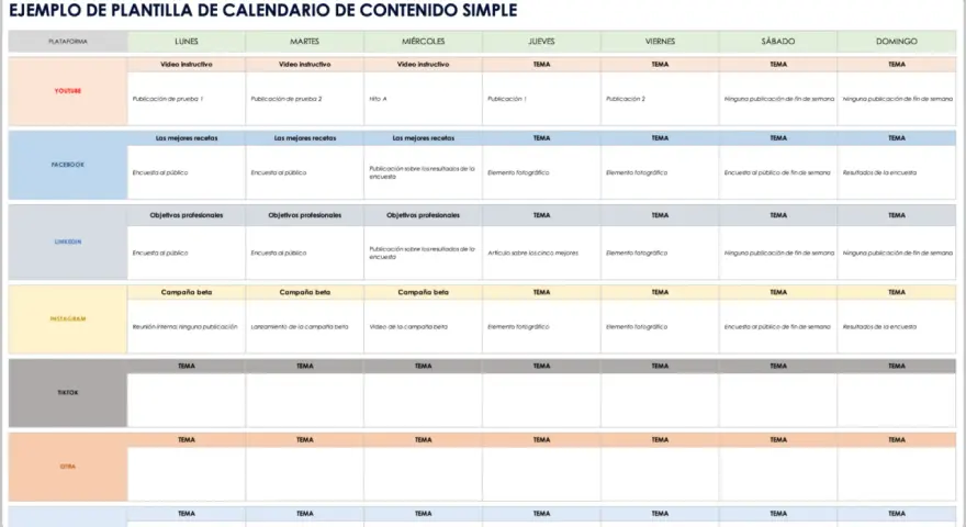 Plantilla de calendario de publicaciones en redes sociales con contenido para YouTube, Facebook, LinkedIn, Instagram y TikTok.