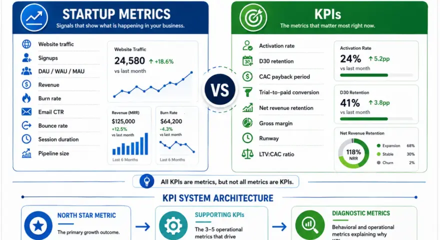Infographic comparing startup metrics (website traffic, revenue, burn rate) with KPIs (activation rate, D30 retention, net revenue retention), illustrating their differences and a KPI system architecture.