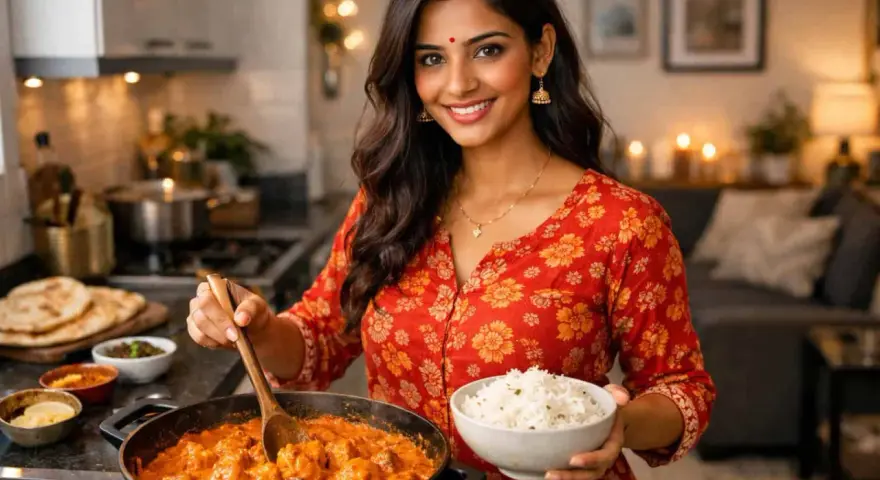 En kvinna i köket lagar en krämig tikka masala med ris.