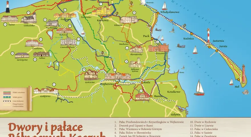 Mapa turystyczna prezentująca dwory i pałace na Kaszubach, z zaznaczonymi szlakami rowerowymi i pieszymi.