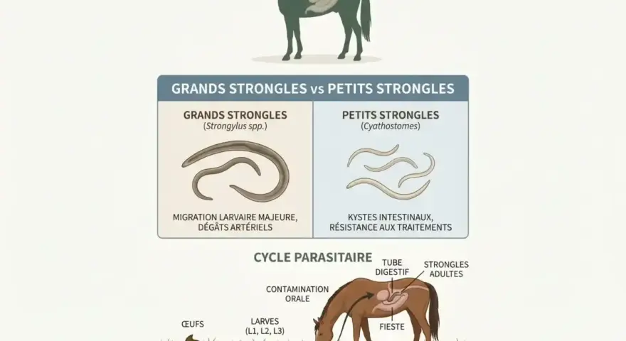 Illustration du cycle des strongles chez le cheval, montrant les grands et petits strongles, leurs dégâts et leur cycle parasitaire.
