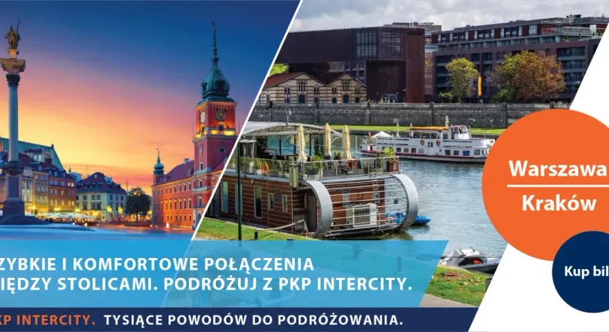 Szybkie połączenie **Warszawa - Kraków** pociągiem PKP Intercity. Podróżuj komfortowo między stolicami.