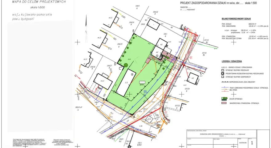 Mapa do celów projektowych, projekt zagospodarowania terenu. Działka z istniejącą i projektowaną zabudową, zielenią i utwardzeniami.