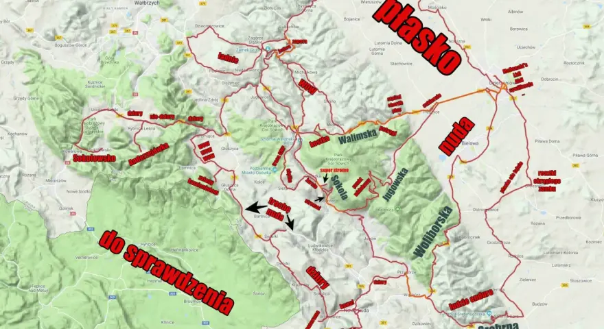 Mapa atrakcji Gór Sowich: od "nudy" po "super stromo", z zaznaczonymi trasami i miejscami do sprawdzenia.