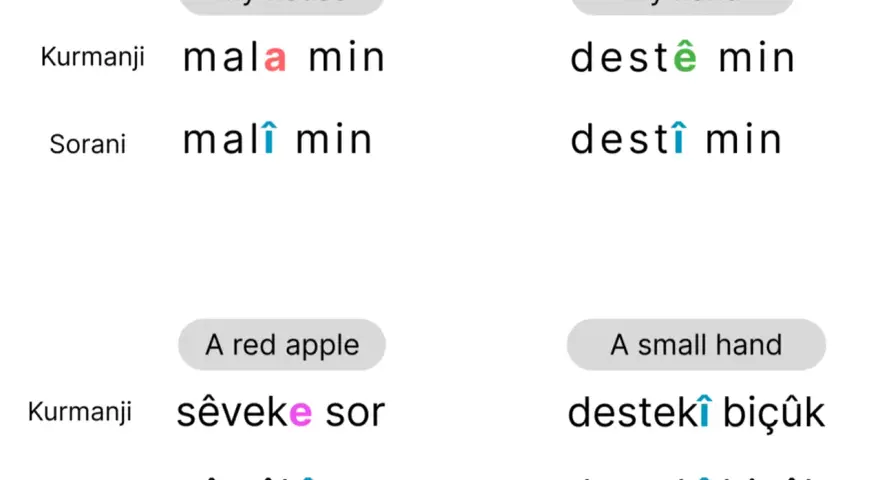 Jämförelse av kurdiska språk: "mitt hus", "min hand", "ett rött äpple" och "en liten hand" på Kurmanji och Sorani.