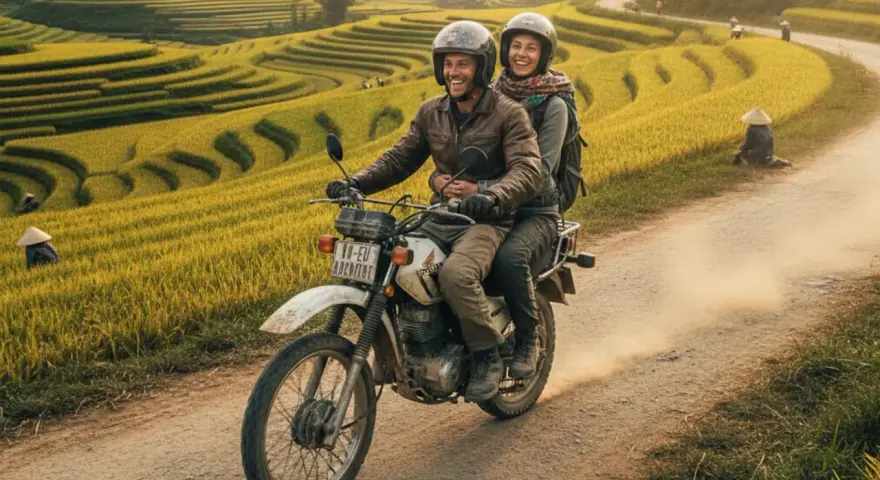 Para podróżuje motocyklem przez tarasowe pola ryżowe w Wietnamie. Warto zabrać do Wietnamu wygodne ubrania i kask.