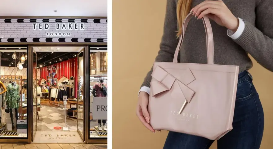 Sklep Ted Baker London. Elegancka, różowa torba z kokardą i logo marki. Ted Baker co to za firma? Brytyjska marka odzieżowa.