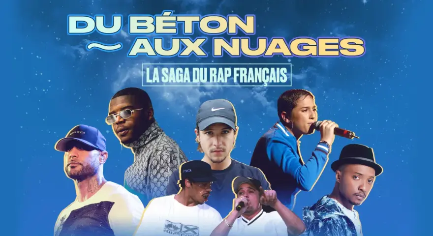 La saga du rap français : des artistes emblématiques comme Booba, Damso, et d'autres, réunis sous un ciel étoilé.