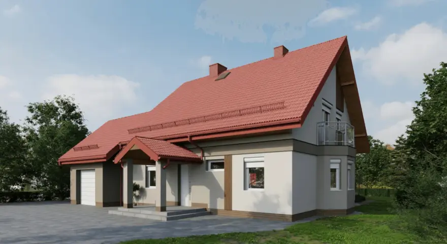 Nowoczesny dom z czerwonym dachem i jasną elewacją. Solidny cokół na elewacji chroni ściany przed wilgocią.