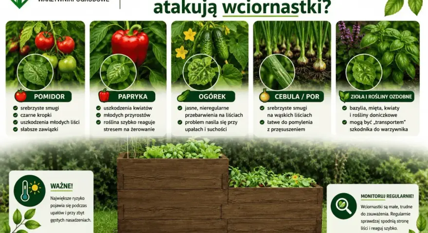 Wciornastki atakują pomidory, paprykę, ogórki, cebulę, por, zioła i rośliny ozdobne. Oprysk jest ważny przy upałach i gęstych nasadzeniach.