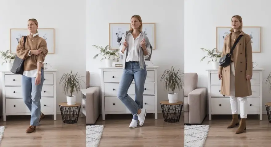 Kobieta prezentuje trzy różne propozycje stylu ubioru: sweter i jeansy, białą koszulę i jeansy, oraz płaszcz i białe spodnie.