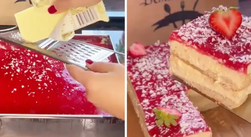 Ein leckerer Kuchen wird zubereitet. Butter wird über eine rote Masse gerieben, die an Spaghetti-Eis erinnert. Fertige Kuchenstücke mit Erdbeeren und Kokosraspeln sind zu sehen.