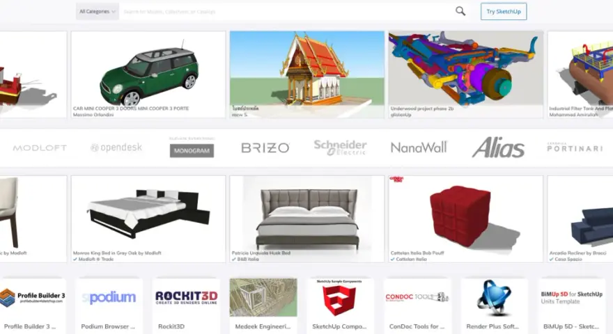 Modele 3d SketchUp: łódź rybacka, zielony Mini Cooper, świątynia, mechanizm, zbiorniki przemysłowe, meble i inne.