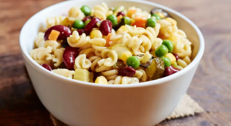 Una ciotola di pasta fredda con fagioli rossi, piselli, mais e cetriolini. Un piatto estivo perfetto.