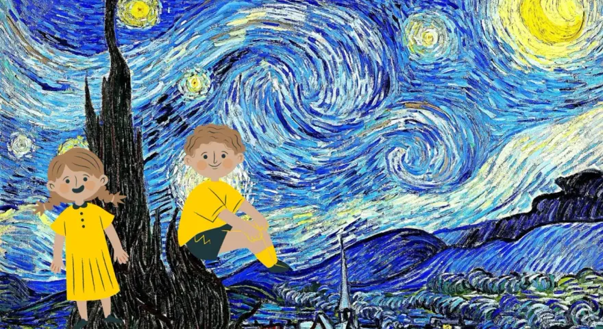 Dzieci w żółtych strojach na tle Gwieździstej Nocy, jak w muzeum Van Gogha w Amsterdamie.