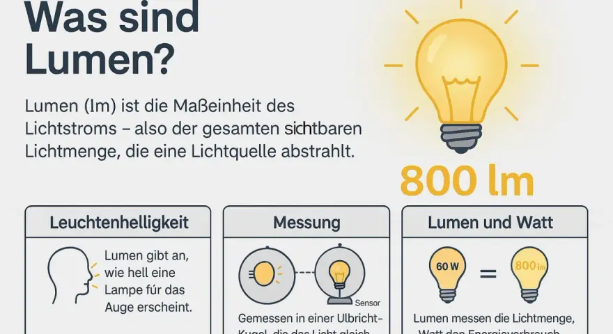 Lumen (lm) misst die Lichtmenge, die eine Lampe abstrahlt. 800 lm bedeuten, dass die Lampe hell ist.