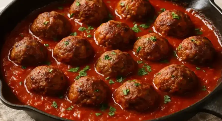 Boulettes de bœuf haché mijotant dans une sauce tomate savoureuse, garnies de persil frais. Une recette réconfortante.
