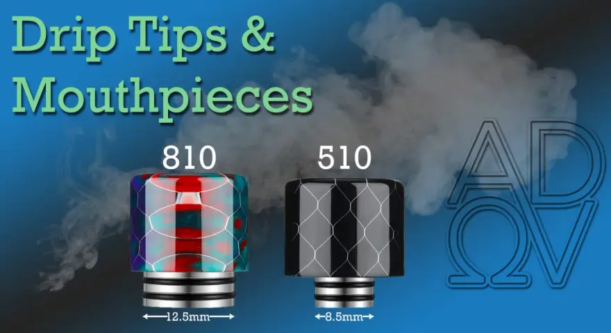 Dos boquillas de vapeo, una 810 multicolor y otra 510 negra, con vapor de fondo. Accesorios drip para personalizar tu experiencia.