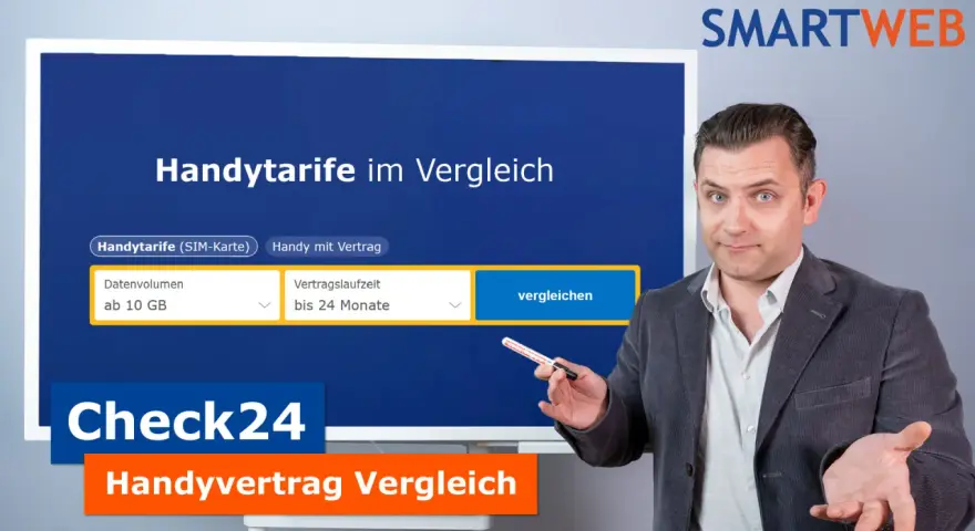 Mann mit Gesten vor Bildschirm mit Handyvergleich-Tool von Check24 und Smartweb-Logo.