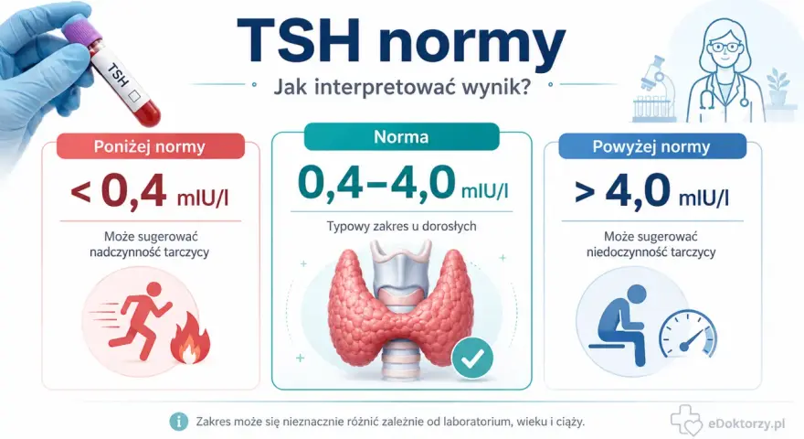 Wynik TSH poniżej normy (<0,4 mIU/I) może sugerować nadczynność tarczycy, podczas gdy powyżej normy (>4,0 mIU/I) niedoczynność. Tyroksyna jest kluczowa dla prawidłowego funkcjonowania.
