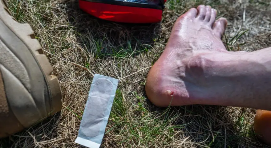 Un pansement à portée de main pour éviter les ampoules au pied. Une trousse de premiers secours rouge est visible.