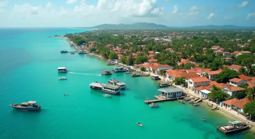 Turkusowa woda, łodzie i domy z czerwonymi dachami tworzą malowniczy widok. Czy Zanzibar to kraj? To archipelag, który jest częścią Tanzanii.