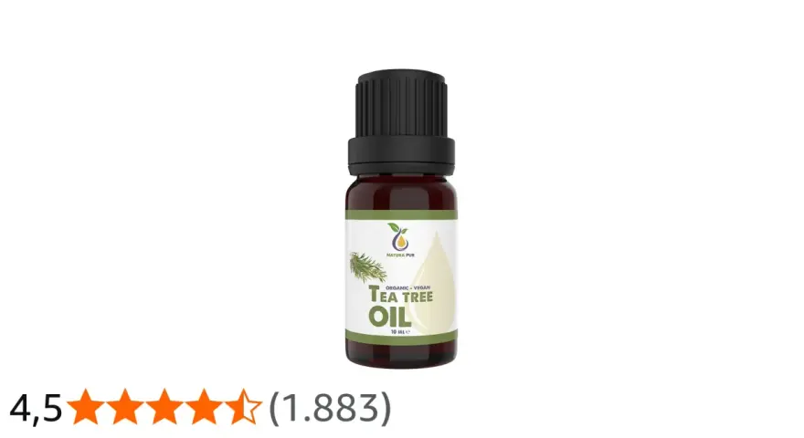 Flacone di tea tree oil, ideale per combattere le macchie del viso. Valutazione 4,5 stelle.