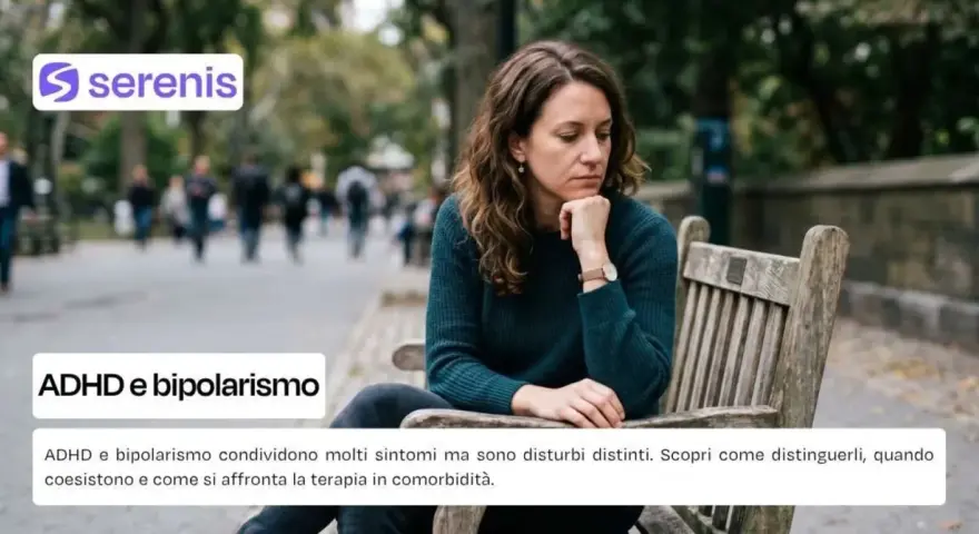 Donna pensierosa su una panchina, con testo su ADHD e bipolarismo.