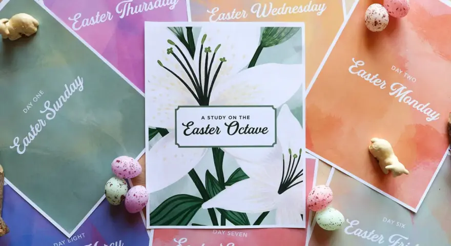 A study on the Easter Octave, featuring daily readings from Easter Sunday to Divine Mercy Sunday, surrounded by pastel-colored papers and decorative eggs.