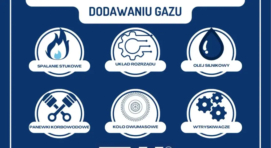 Przyczyny stukania w silniku przy dodawaniu gazu: spalanie stukowe, układ rozrządu, olej silnikowy, panewki korbowodowe, koło dwumasowe, wtryskiwacze.