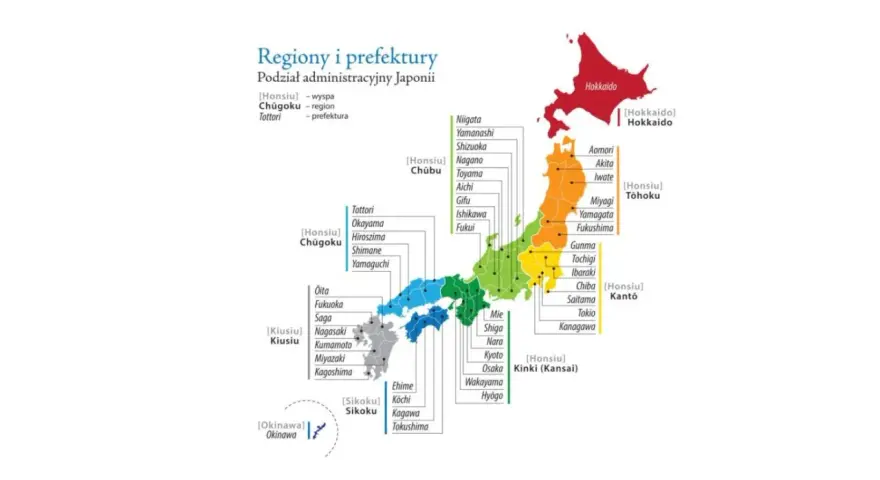 Mapa przedstawia podział administracyjny Japonii, ukazując główne wyspy i prefektury.