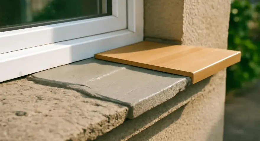 Un appui de fenêtre extérieur en pierre grise avec une nouvelle tablette en bois clair. Idéal pour nettoyer et embellir.