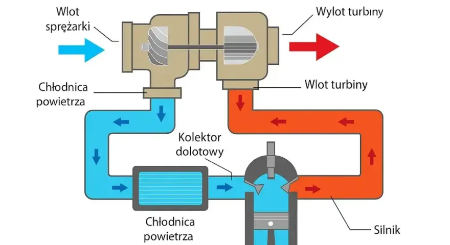 Schemat turbodoładowania: jak działa biturbo? Zobacz przepływ powietrza przez sprężarkę, chłodnicę i silnik.