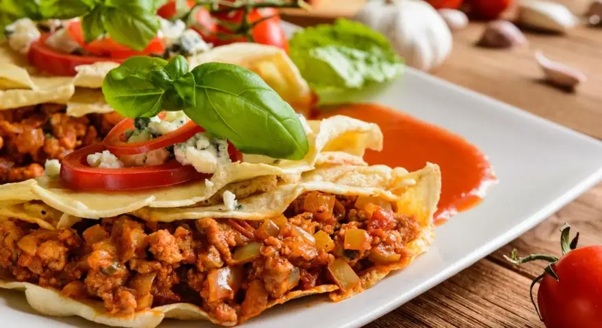 Pyszna tortilla z mięsem mielonym, polana sosem pomidorowym, ozdobiona bazylią i serem pleśniowym.