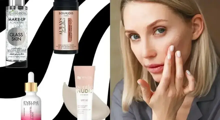 Kobieta nakłada bazę pod makijaż, obok kosmetyki: Bielenda, Bourjois, Eveline i Gentle Nudie.