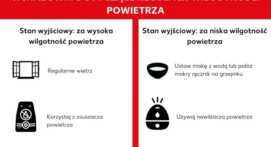 Jak zwiekszyc wilgotnosc w domu? Porady: miska z wodą na grzejniku lub nawilżacz powietrza.