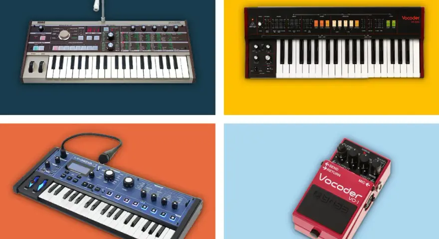 Syntezatory i efekt vocoder. Jeden z nich to talk box, który pozwala na modulowanie dźwięku głosem.