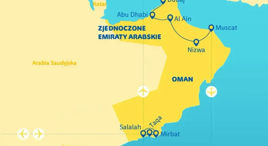 Mapa pokazuje Zjednoczone Emiraty Arabskie i gdzie jest Oman, z zaznaczonymi miastami jak Dubaj, Maskat i Salalah.