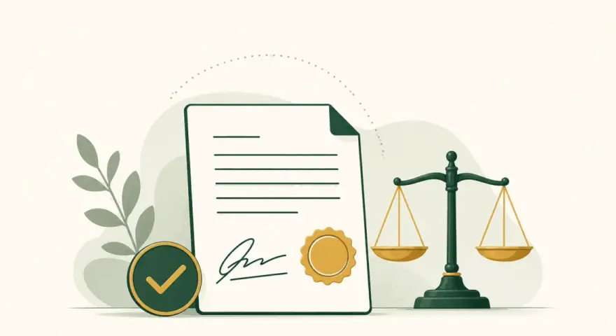 Documento firmato con sigillo, bilancia della giustizia e segno di spunta verde. Rappresenta la conferma preventivo.
