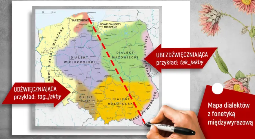 Mapa dialektów Polski. Przykłady gwary wiejskiej: "tag_jakby" (udźwięczniająca) i "tak_jakby" (ubezdźwięczniająca).