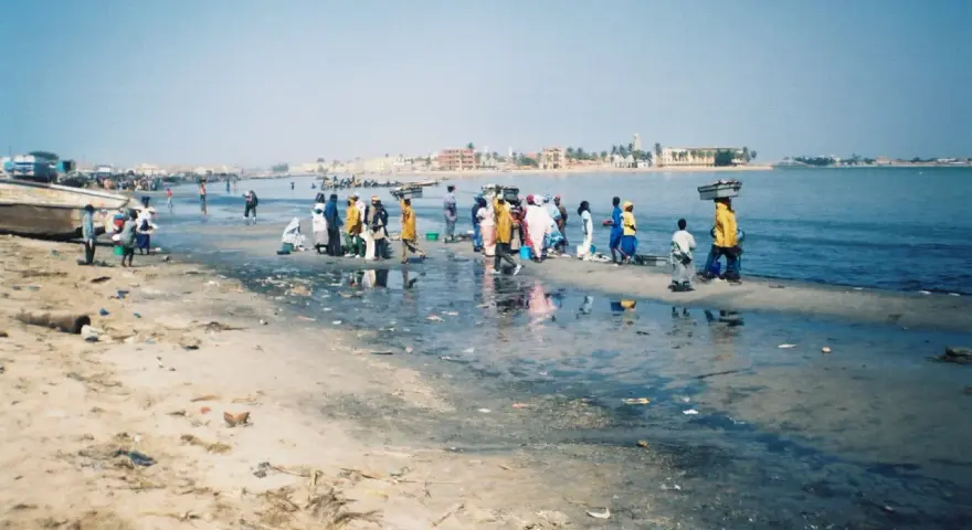 Ludzie na brzegu rzeki Senegal, niektórzy niosą towary na głowach. W tle widać zabudowania.