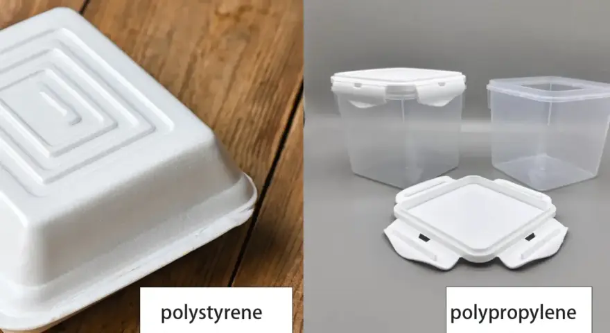 A white polystyrene container on wood contrasts with clear polypropylene food storage containers.