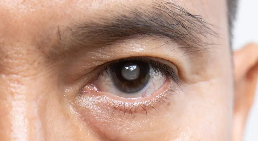 Occhio con opacità del cristallino (pseudofachia) e segni di possibile distacco retina.