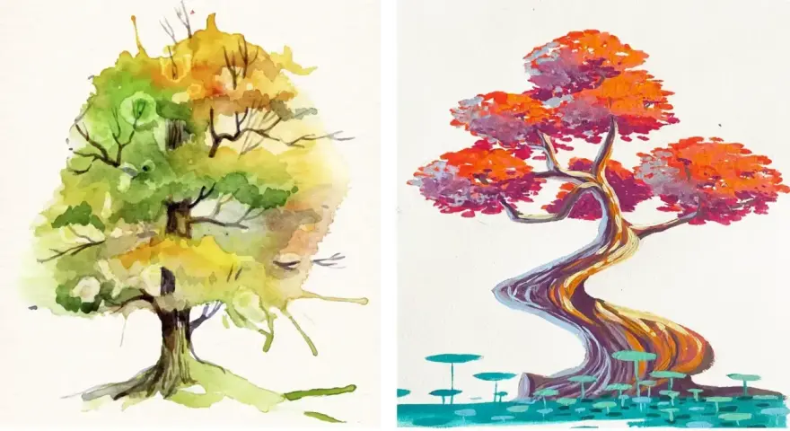Comparaison visuelle : à gauche, un arbre aux teintes vertes et jaunes, style aquarelle. À droite, un arbre aux couleurs vives, style acrylique.