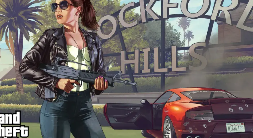 Una mujer con gafas de sol y chaqueta de cuero, armada, posa junto a un coche deportivo rojo con disparos. Portadas GTA.